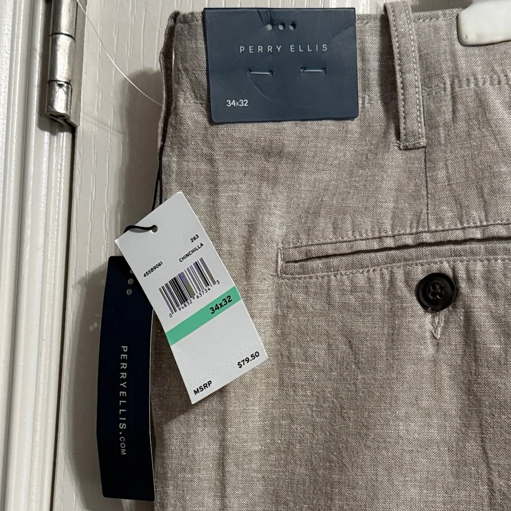 💙 NWT Perry Ellis Tan Linen Blend Chinos Pants Minimalist Coastal Quiet Luxury
